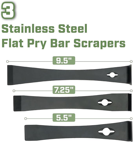 Bates- Flat Pry Bar Scraper, 3 Pack, 5-1/2", 7-1/4" and 9-1/2", Black, Trim Puller Tool for Baseboard