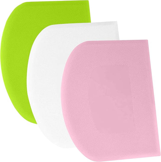 SURDOCA Dough Scraper Bench Scraper - 3P 11.8x7.3" Plastic Flexible Bowl Scraper, Sharp Edge & Angles Cake Scraper. Non-Slip Bakeware Decorating Tools Sculpting & Modeling Tools - Pink+White+Green