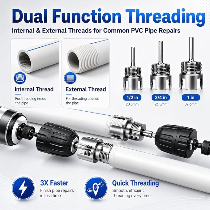 3PCS PVC Pipe Threader with Tape, Internal & External Pipe Threading Tool, Pipe Thread Cutting Tool for Drill, 1/2" 3/4" 1" NPT for PVC CPVC ABS Pipes, Thread Repair, DIY home, Garden Irrigation