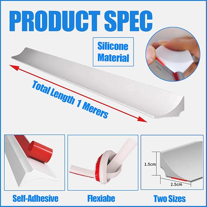 Water Barrier for Sink,Shower Threshold Water Dam Barrier,Waterproof Barrier Bathroom,Collapsible Silicone Strip Trim Splash Guard (White-1M)