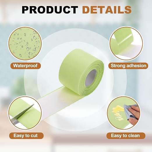 uxcell Caulk Tape Waterproof, 1.5 Inch x 10.5 ft Self-Adhesive Sealant Sealing Strip Caulking Sealant Tape PVC with Tool for Kitchen Sink Toilet Bathroom Bathtub Floor, Green
