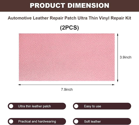 2 PCS Leather Repair Patch Tape, 4 x 8 Inch PU Vinyl Repair Patches for Car Upholstery Seat, Waterproof Self Adhesive Leather Tape Repair Kit for Furniture Couches Chairs (Pink)