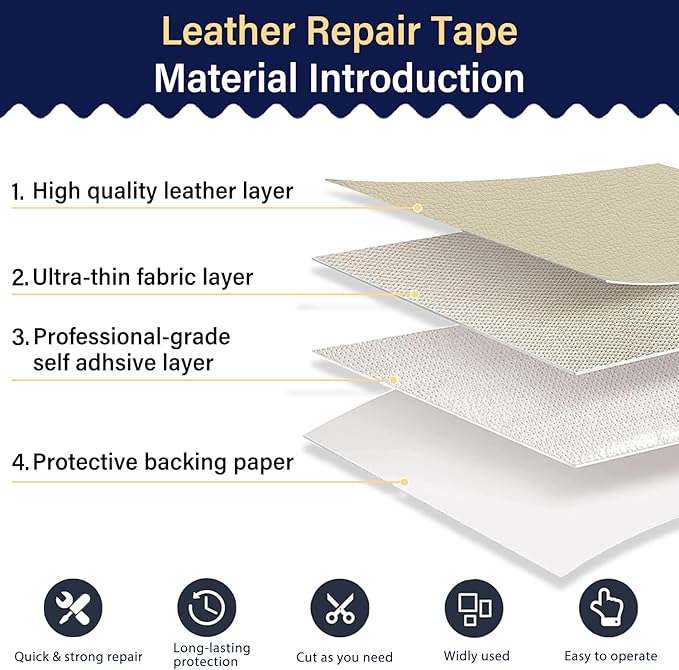 Zenyao Leather Repair Patch Tape - Self Adhesive Leather Repair Kit for Car Seat Furniture, Heavy Duty Vinyl Repair Patch for Couch Sofa, Waterproof Fix for Tears, 8x11 Inch Sheet, 2 Pieces, Off White