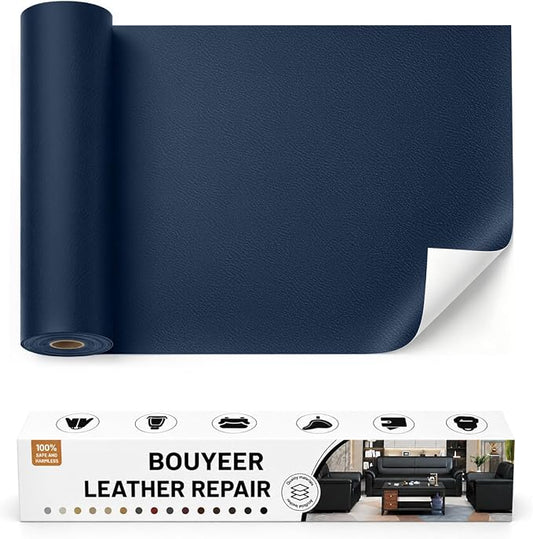 BOUYEER Leather Repair Patch Tape Kit,Self Adhesive Leather Repair for Sofa，Car Seat,Office Chair,Furniture,Jacket,Waterproof Strong Adhesive Vinyl Repair Kit. 17 in x 79 in,Fine Grained Navy Blue