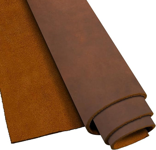ELW Crazy Horse Leather 5-6 OZ (2-2.4mm) | Bourbon Brown | Pre-Cut 8"x24" 2PCS | Full Grain Cowhide Handmade Leather for DIY, Crafts, Sheaths, Sewing, Workshop