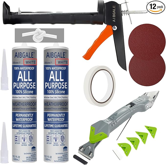 Caulking Tool Kit, Caulking Gun, 2 White Silicone Sealant with Gun - All-Purpose 100% Silicone Caulk (20 oz Tube), and 5 in 1 Scraper/Smoothing Tool, Sandpaper, Gloves and Masking Tape