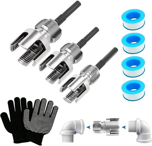 Pipe Threading Tool Set for 1/2", 3/4", 1" PVC & Plastic Pipes, Dual-Function Internal & External Thread Maker & Repair Kit, with Gloves & 4 Seal Tapes