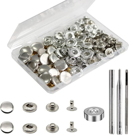 BetterJonny 24 Sets Heavy Duty Leather Snap Fasteners Kit, 15mm Metal Snap Buttons Press Studs Leather Rivets Snaps with 4 Setter Tools for Clothes Bracelet Jackets Jeans Silver
