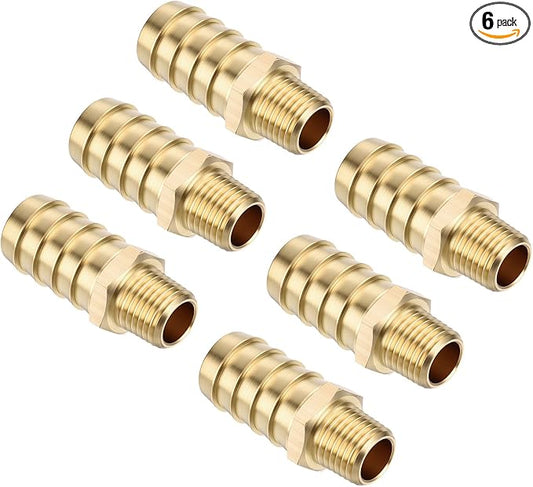 Pack of 6 Brass Hose Barb Fittings Adapter Connector 5/8" Hose Barb to 1/4" NPT Male Fittings for Home Machines, Massage Bathtubs, and Irrigation Systems
