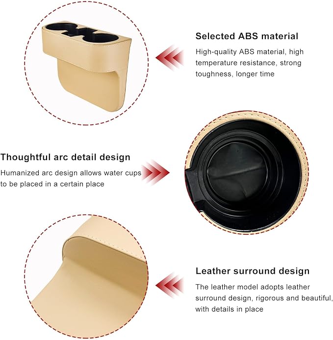 Car Cup Holder Gap Filler Organizer, Multifunctional Car Console Side Organizer with 2 Cup Holders, Leather Seat Gap Filler Portable Drink Holders Storage Box for Most Vehicles (Beige)