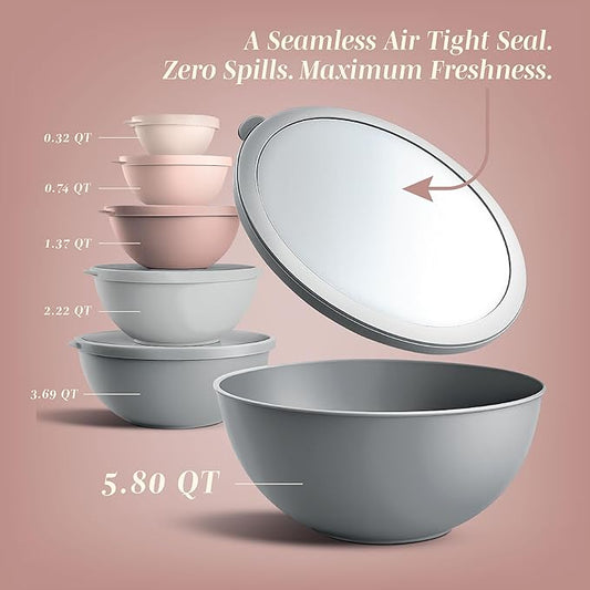 COOK WITH COLOR Mixing Bowls with TPR Lids - 12 Piece Plastic Nesting Bowls Set includes 6 Prep Bowls and 6 Lids, Microwave Safe Mixing Bowl Set (Pink Ombre)