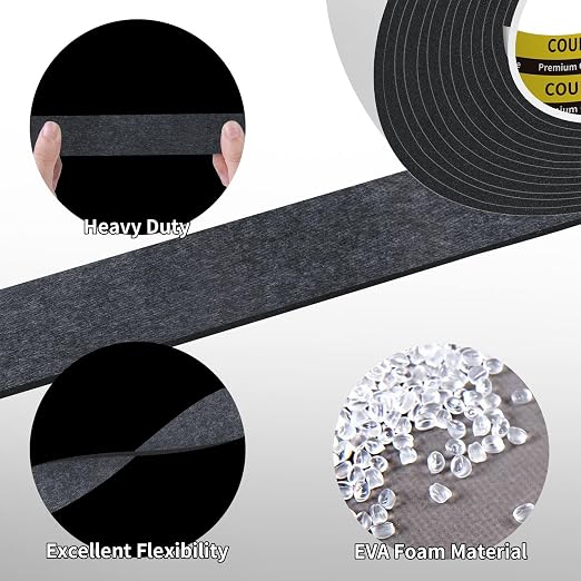 Single Sided Strong Self-Adhesive Foam Tape Strips 3 Pack 2inX16.4FT, Black Weather Stripping for Door/Window Seal, Gap Insulation, DIY Homeowners Easy Install (0.12in Thickness)