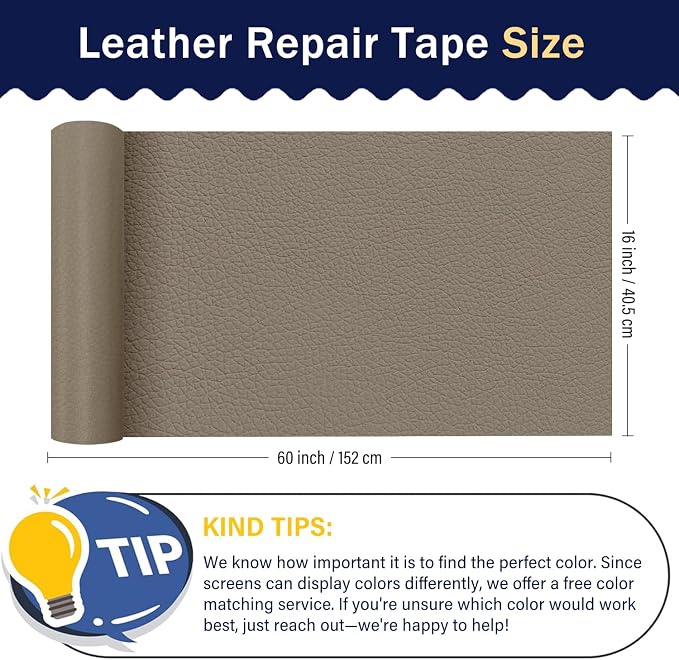 Zenyao Leather Repair Patch Tape - Self Adhesive Leather Repair Kit for Car Seat Furniture,Vinyl Repair Patch for Couch Sofa, Waterproof for Rips Scratches Tears, 16x60 Inch Roll, Ivory Grey
