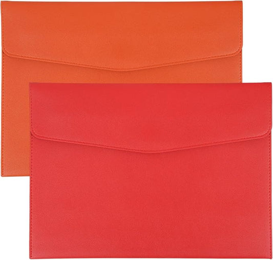 PATIKIL 2Pcs PU Leather A4 File Folder, Document Holder Envelope Waterproof Napa Texture Filing Organizer Portfolio Folder Case with Magnetic Snap Closure for Home Office, Orange, Red
