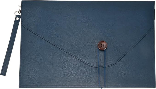 PATIKIL Leather Folder, 14x10 Leather Document Holder File Folder PU Pouch Bag Portfolio File Organizer Handbag Button Personal Envelope Waterproof for Traveling Men Gift, Blue
