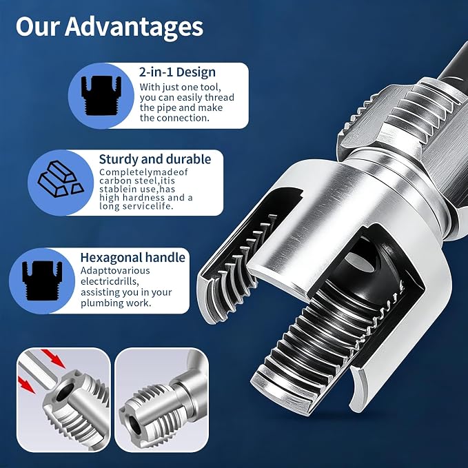 Pipe Threading Tool Set for 1/2", 3/4", 1" PVC & Plastic Pipes, Dual-Function Internal & External Thread Maker & Repair Kit, with Gloves & 4 Seal Tapes