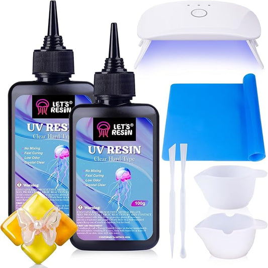 LET'S RESIN UV Resin with Light,Upgraded 200g Crystal Clear&Low Odor,UV Light,Silicone Mat,Ultraviolet Epoxy Resin Hard, Starter Kit for Jewelry,Craft Decor, Keychain Making