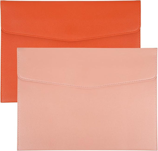 PATIKIL 2Pcs PU Leather A4 File Folder, Document Holder Envelope Waterproof Napa Texture Filing Organizer Portfolio Folder Case with Magnetic Snap Closure for Home Office, Orange, Pink
