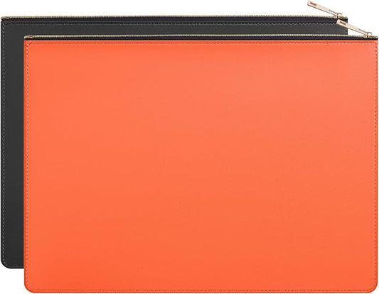 PU Leather A4 File Folder Zipper Document Holder Envelope Folder Case for Receipt Contract (2, Black&Orange)