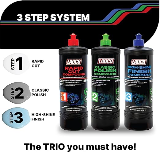 LAUCO Step 1 Rapid-Cut Automotive Polishing Compound – 32oz, Heavy-Cut Formula for Deep Scratch, Oxidation & Sanding Mark Removal, Silicone-Free & Clear-Coat Safe (1000 mL) 36101