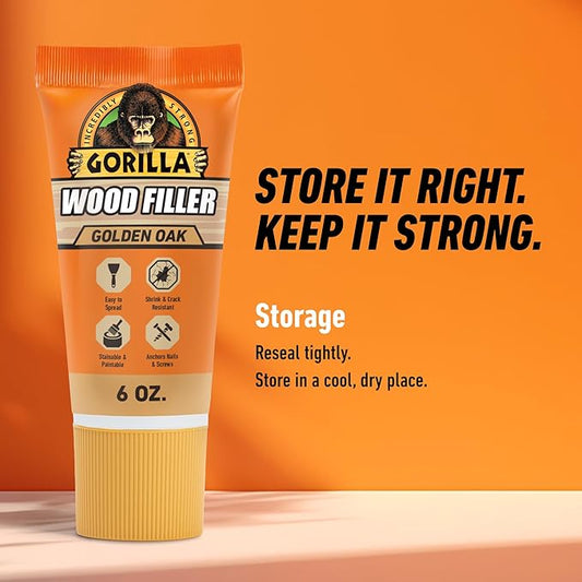 Gorilla All Purpose Wood Filler, Golden Oak Color, 6 Ounce Tube (Pack of 2) - Water Resistant for Indoor or Outdoor Projects and Repairs