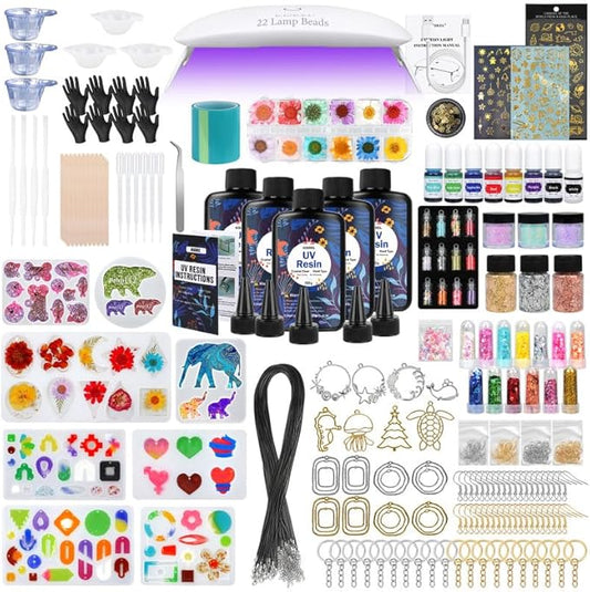 KISREL UV Resin Jewelry Making Kit - 500g Crystal Clear UV Resin, Large Light with 22 Beads and Jewelry Molds, Fast Curing for Keychains, Earring Making, DIY Craft Decorations