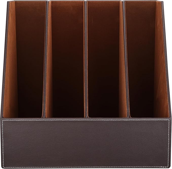 KINGFOM 4-Slot Wood Leather Document Files Holder Rack Stand Desk Files Organizer Papers Collection Cabinet (4 slot brown)