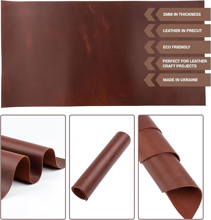 Shkira 12''X24'' Genuine Brown Leather Sheets for Crafts - Square 2.0MM Thick Genuine - Thick Cowhide Pieces Square - Leather Sheet for Arts and Crafts
