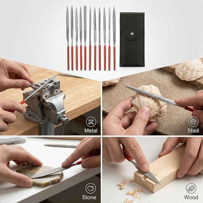 11 Pcs Mini Diamond Needle File Set Small Metal Riffler Files Jewelers File Precision Hand Tools with Leather Case for Glass Wood Stone Jewelry Plastic Carving Round Triangular Square Flat Shape