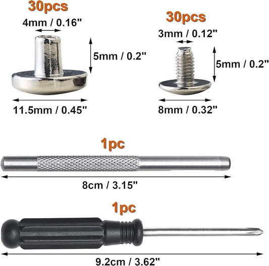 YORANYO 30Sets Chicago Screws Leather Rivets Screw Rivets Metal Studs for Clothing Chicago Binding Screws Spike and Studs for Decorate Repair Shoes Belts Bags Purse Dog Collars Leather Craft (Silver)