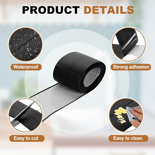 uxcell Caulk Tape Waterproof, 1.5 Inch x 4.92 ft Self-Adhesive Sealant Sealing Strip Caulking Sealant Tape PVC with Tool for Kitchen Sink Toilet Bathroom Bathtub Floor, Black