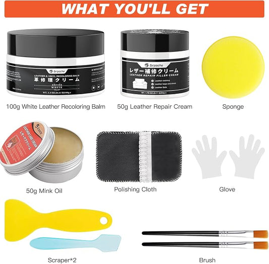 Leather Recoloring Balm White, Mink Oil Leather Conditioner & Leather Filler Cream, Leather Repair Kit for Furniture,Vinyl Repair Kit Restore Couches, Car Seats, Purse, Scratch, Peeling, Burn Holes