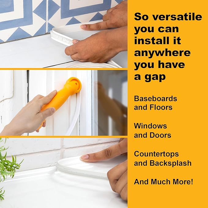 InstaTrim The Original Flexible Trim - 50ft White 3/4" Wide Caulk Tape - Adhesive Trim Sealant with Many Uses Including Bathtubs, Sinks, Counters, Floors, Windows, Doors and More - Made in USA