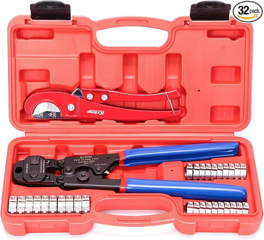 iCrimp Ratchet PEX Cinch Tool with Removing Function for 3/8-in, 1/2-in, 3/4-in, 1-in Stainless Steel Clamp, PEX Crimper with 20PCS 1/2-in, 10PCS 3/4-in PEX Clamps and Pipe Cutter- All in One