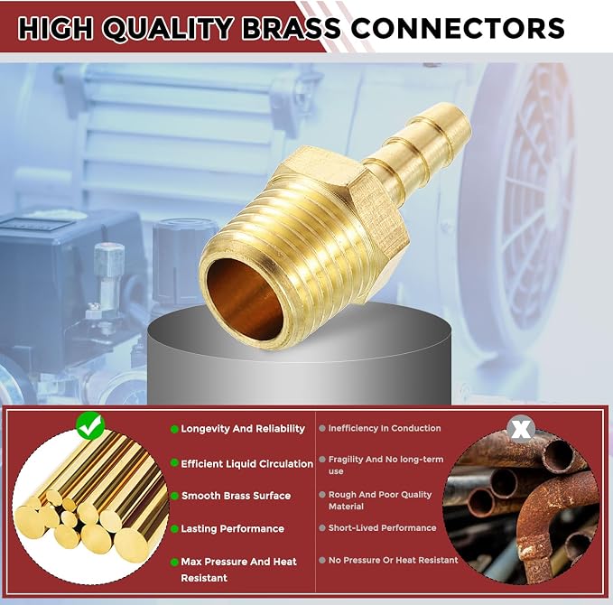 Pack of 4 Brass Hose Barbs Fittings 5/16" Hose Barbs to 3/8" NPT Male Fittings for Home Machines, Massage Bathtubs, and Irrigation Systems