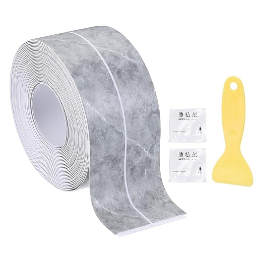 uxcell Caulk Tape Waterproof, 1.42 Inch x 16.4 ft Self-Adhesive Sealant Sealing Strip Caulking Sealant Tape PVC with Tool for Kitchen Sink Toilet Bathroom Bathtub Floor, Gray Marble