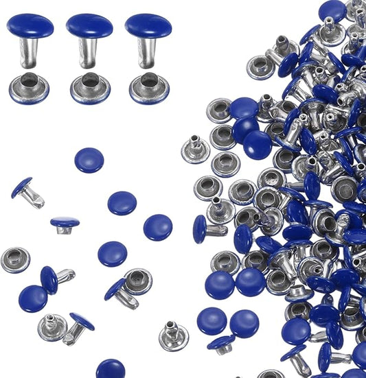 HARFINGTON 100 Sets Double Cap Leather Rivets, 6x6mm Round Cap Tubular Metal Studs Leather Crafting Rivets for Fabric Belt Pet Collar Boot Bag Repair and Decoration, Dark Blue