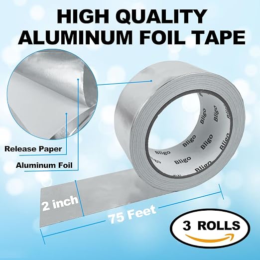 3 Pack Aluminum Foil Tape 2 Inch x 225 Feet Total, Heavy Duty Waterproof HVAC Tape, High Temperature Resistant Metal Tape for Ductwork, Dryer Vent, Pipe Insulation, Sealing & Patching