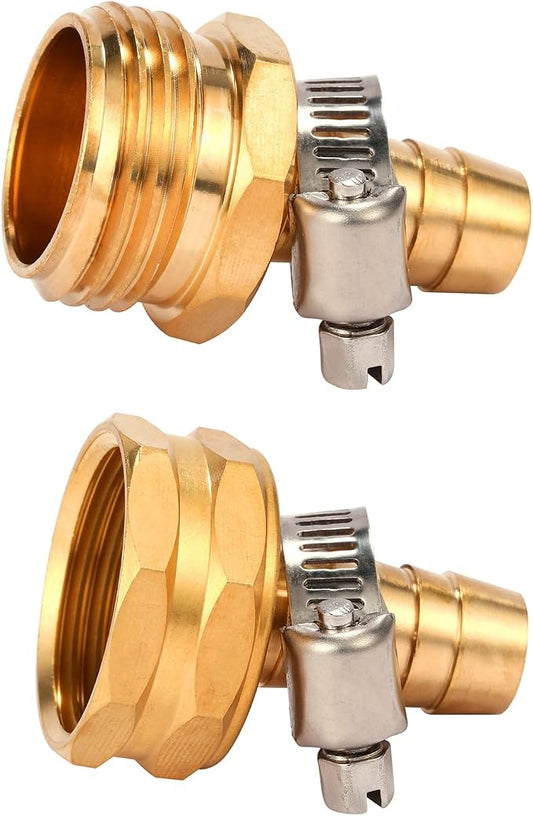 Brass Garden Hose Connector Repair Mender Kit with Stainless Clamp,Fits 1/2" Water Hose Fitting (1/2" Barb x 3/4" GHT)