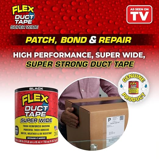 Flex Duct Tape, Super Wide, 4.6 Inches x 20 Feet, Black, Heavy Duty Strong, Multi-Surface, Water, Weather and UV Resistant, Tearable, Perfect for Boxes, No Residue