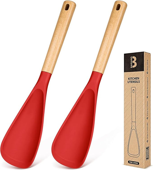 Cooking Spoon for Nonstick Cookwares, Great for Cooking and Serving Sturdy BPA-Free Matte Silicone, Wood Handle Spoon for Mixing, Scoop, and Scrape (2 Pack of Red, 13.4 inch)