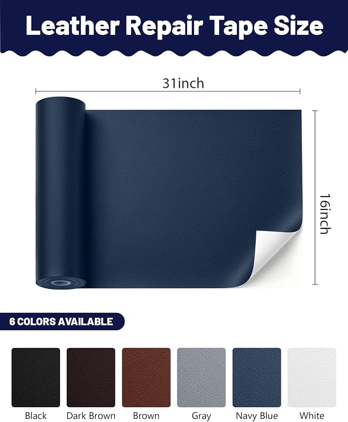 BOUYEER Leather Repair Patch Tape Kit,Self Adhesive Leather Repair for Sofa，Car Seat,Office Chair,Furniture,Jacket,Waterproof Strong Adhesive Vinyl Repair Kit. 16 in x 31 in,Fine Grained Navy Blue