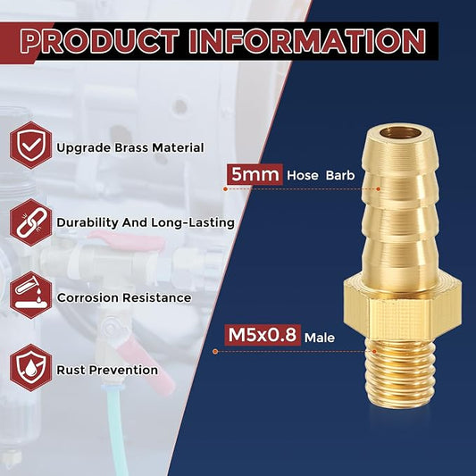Pack of 10 Brass Hose Barb Fittings Adapter Connector 5mm Hose Barb to M5x0.8 Male Fittings for Home Machines, Massage Bathtubs, and Irrigation Systems