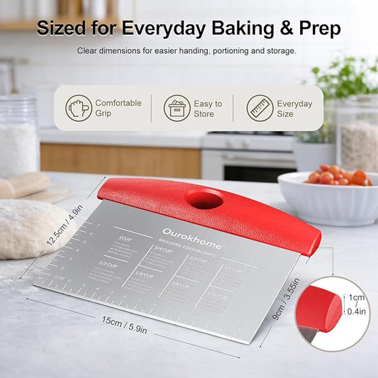 Ourokhome 2 Pack Bench Scraper Dough Cutter, Stainless Steel Dough Scraper with Laser-Etched Scale, Conversion Chart, Non-Slip Handle, Dishwasher Safe for Bread & Pastry, Red