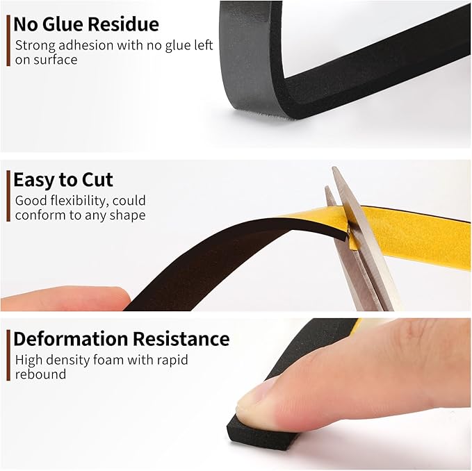 Yotache Weather Stripping Door Seal Strip 1/2x1/4 inch, Adhesive Foam Insulation Tape for Door Frames, Windows, 16.5 Ft