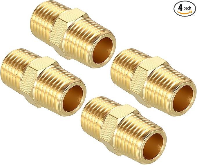 Pack of 4, 1/4" MNPT to 1/4" MNPT Solid Brass Hex Nipple Hose Connectors, Male Pipe Adapter for Pipe Leak Repair, Bathroom Remodeling, Tool Extensions, Compression