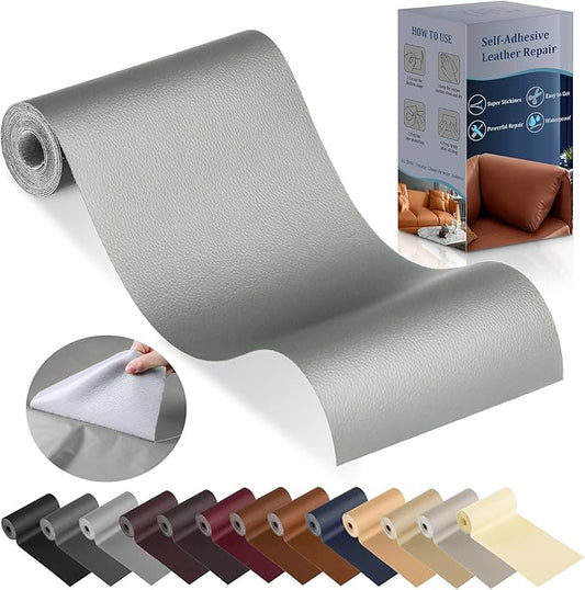 YAFLC Leather Repair Patch for Furniture, 4" x 63" Self Adhesive Leather Repair Kit Vinyl Repair Tape for Car Seat Sofa Jackets Couches Chair Grey