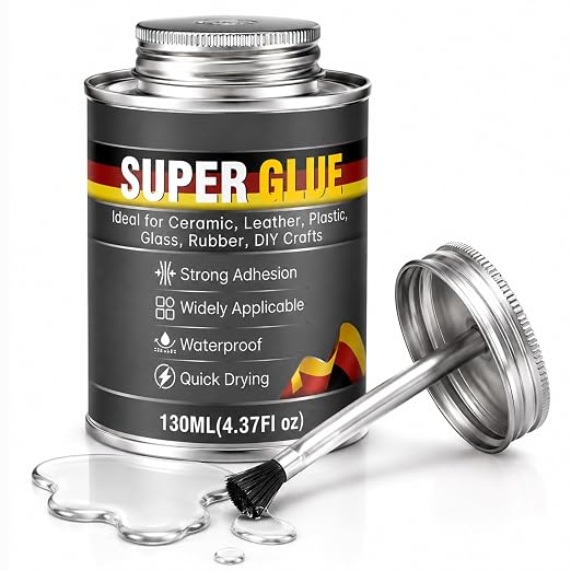 Multi-Purpose Super Glue, 4.37 oz Clear High Strength Adhesive with Brush | Clear high-strength bond, brush applicator, repairs rubber, PVC, acrylic, wood, ceramic, leather, plastic