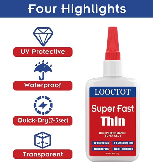 LOOCTOT 60g(2.12 oz) Thin Super Glue Dries Super Fast (2-5 Sec) Premium CA Glue for Woodworking, Woodturning, Hobby Models, CA Finish, Inlays. Waterproof Clear