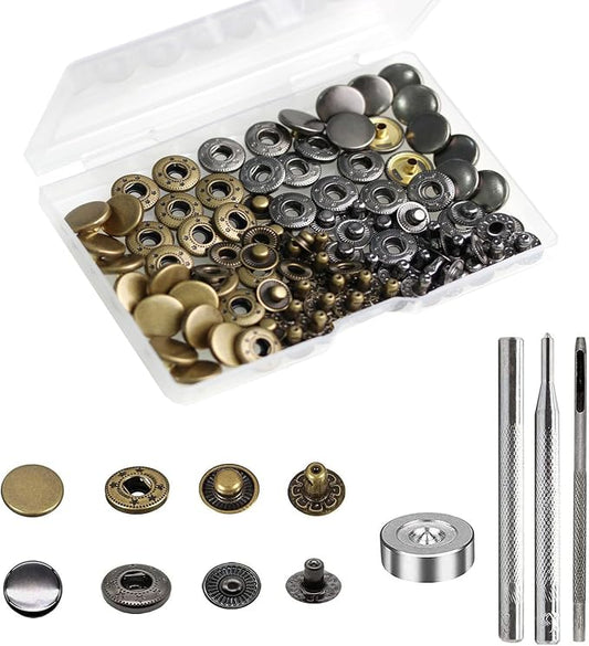 BetterJonny 24 Sets Heavy Duty Leather Snap Fasteners Kit, 12.5mm Metal Snap Buttons Press Studs Leather Rivets Snaps with 4 Setter Tools for Clothes Bracelet Jackets Jeans, 2 Color